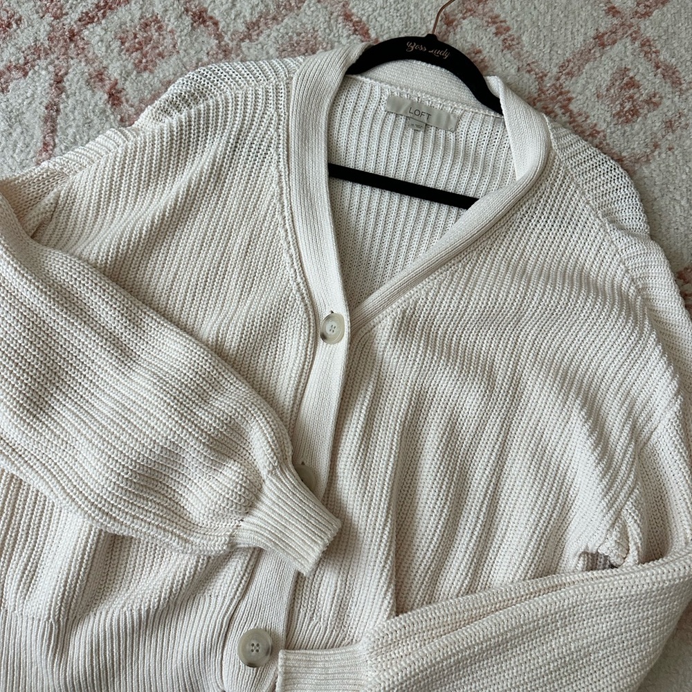 LOFT Cream Button-Front Ribbed Cardigan - Picture 2 of 3